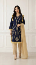 Women's Hand Embroidered Linen Suit - Blue, 3 Piece, Stitched