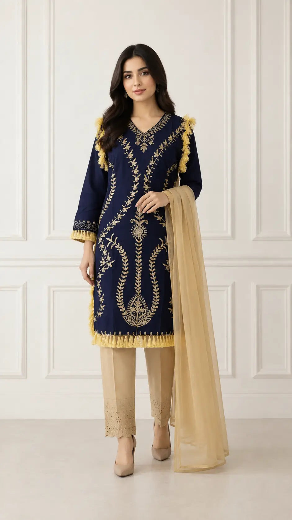 Women's Hand Embroidered Linen Suit - Blue, 3 Piece, Stitched