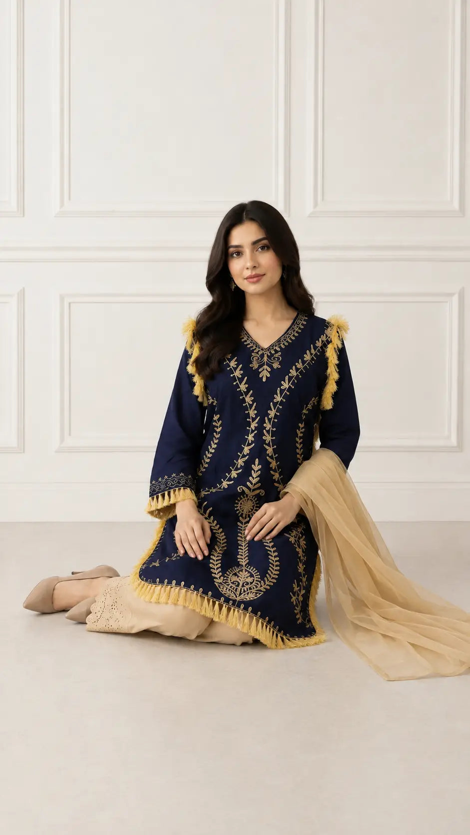 Women's Hand Embroidered Linen Suit - Blue, 3 Piece, Stitched