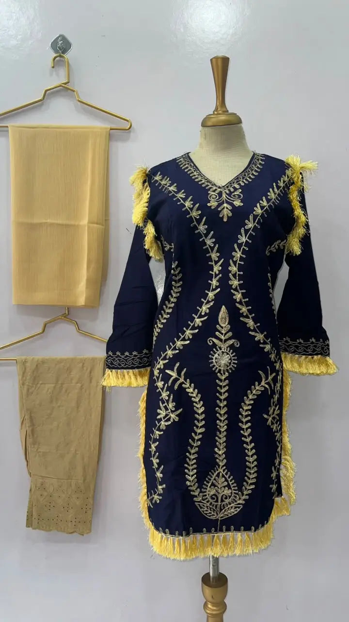 Women's Hand Embroidered Linen Suit - Blue, 3 Piece, Stitched