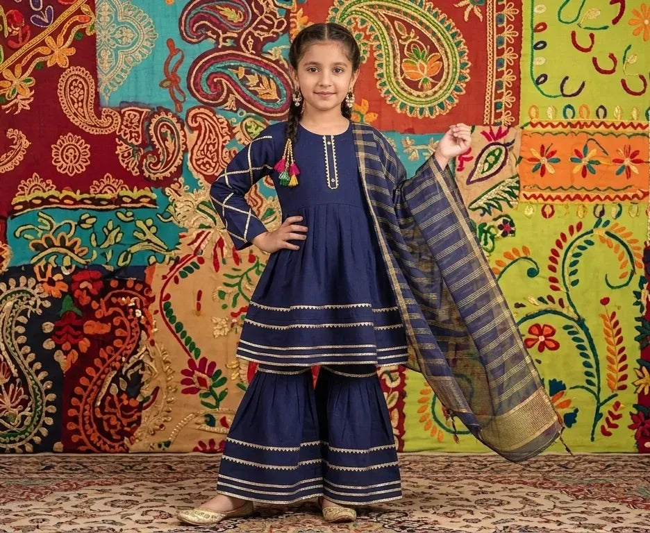 Women's Embroidered Kurta Set - Blue with Printed Dupatta