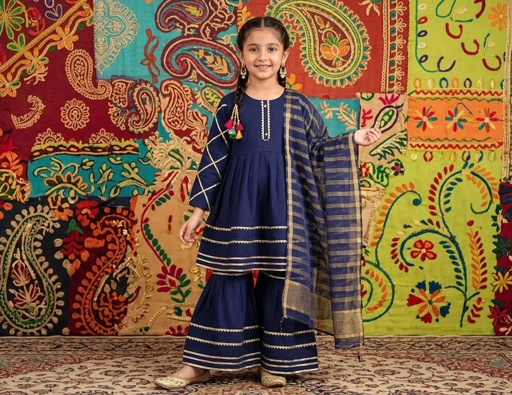 Women's Embroidered Kurta Set - Blue with Printed Dupatta - view 3