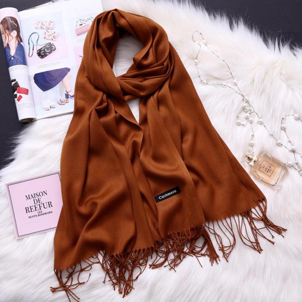 Women's Wool Shawl - Brown Plain, Fringed, 2.5 Gaz Long