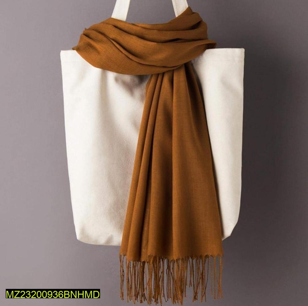 Women's Wool Shawl - Brown Plain, Fringed, 2.5 Gaz Long