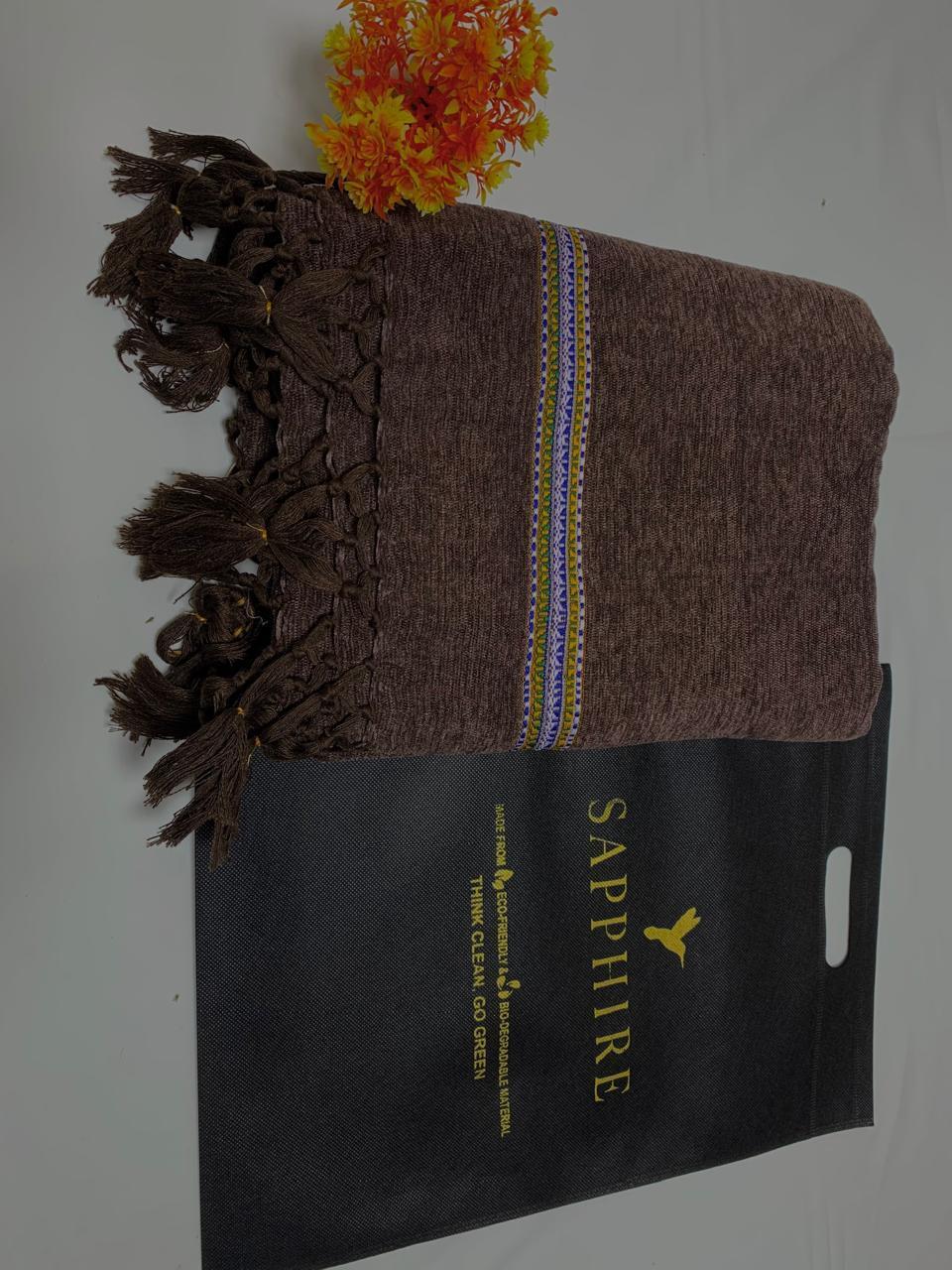 Men's Velvet Shawl - Brown, Embroidered Tassel Detail