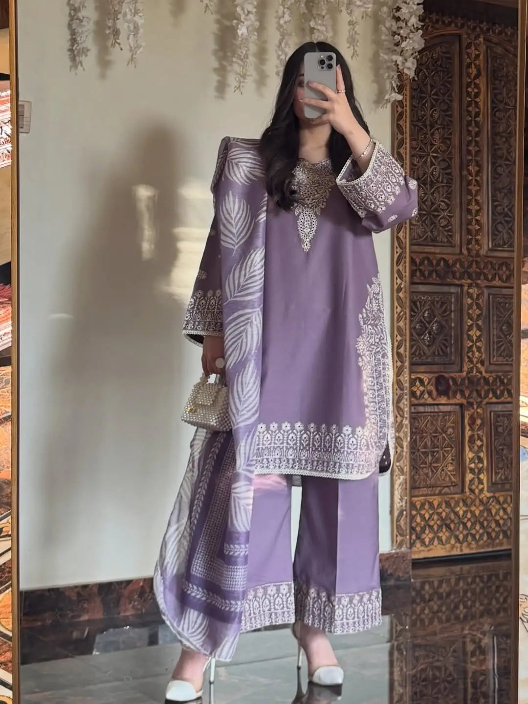 Women's Cotton Lawn Suit - Lilac, Embroidered, 3 Piece