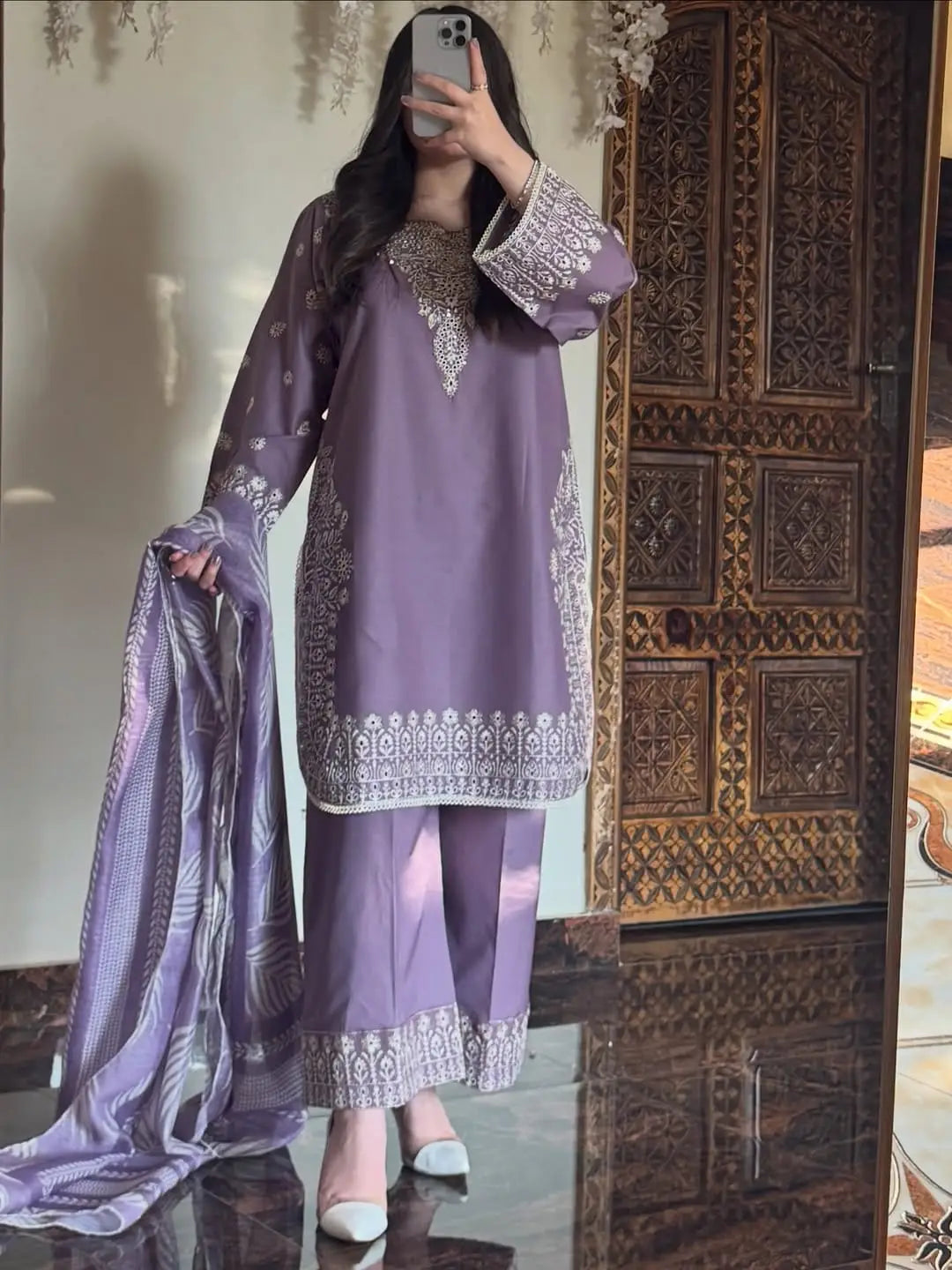 Women's Cotton Lawn Suit - Lilac, Embroidered, 3 Piece