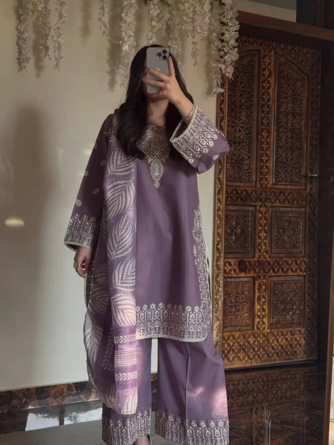 Women's Cotton Lawn Suit - Lilac, Embroidered, 3 Piece
