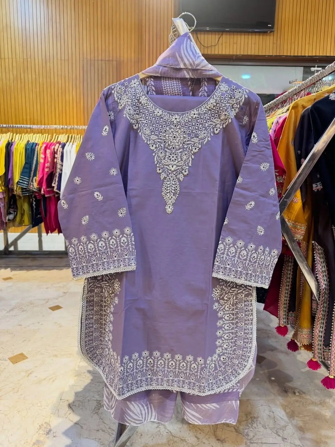 Women's Cotton Lawn Suit - Lilac, Embroidered, 3 Piece
