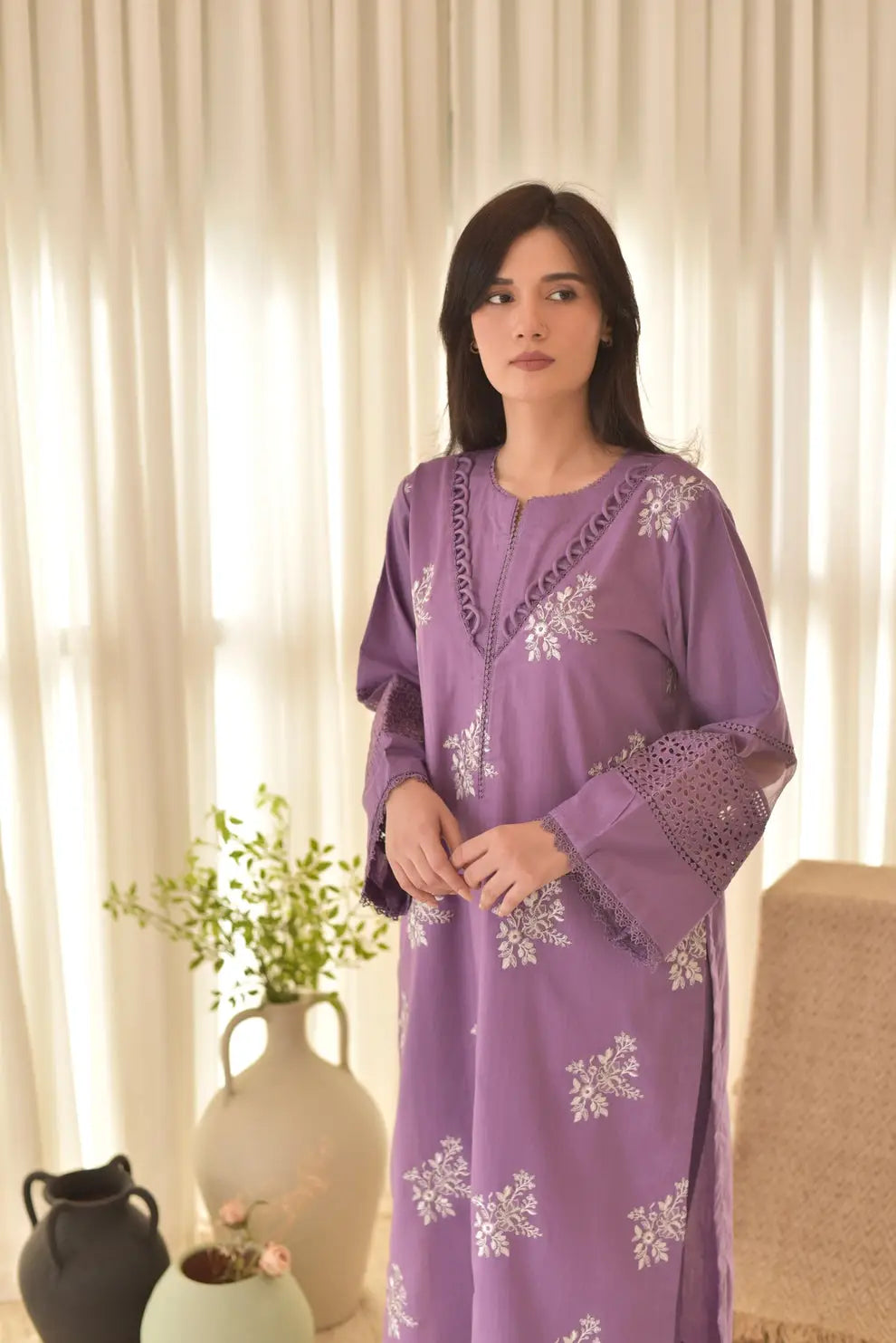 Women's Linen Suit - Lilac, Embroidered, 3 Piece, Stitched