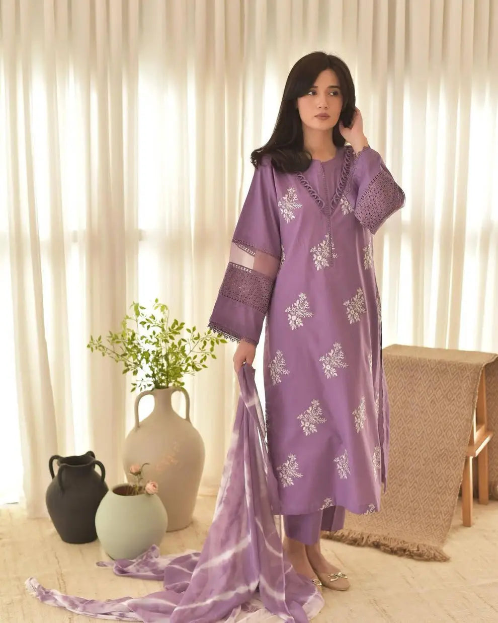 Women's Linen Suit - Lilac, Embroidered, 3 Piece, Stitched