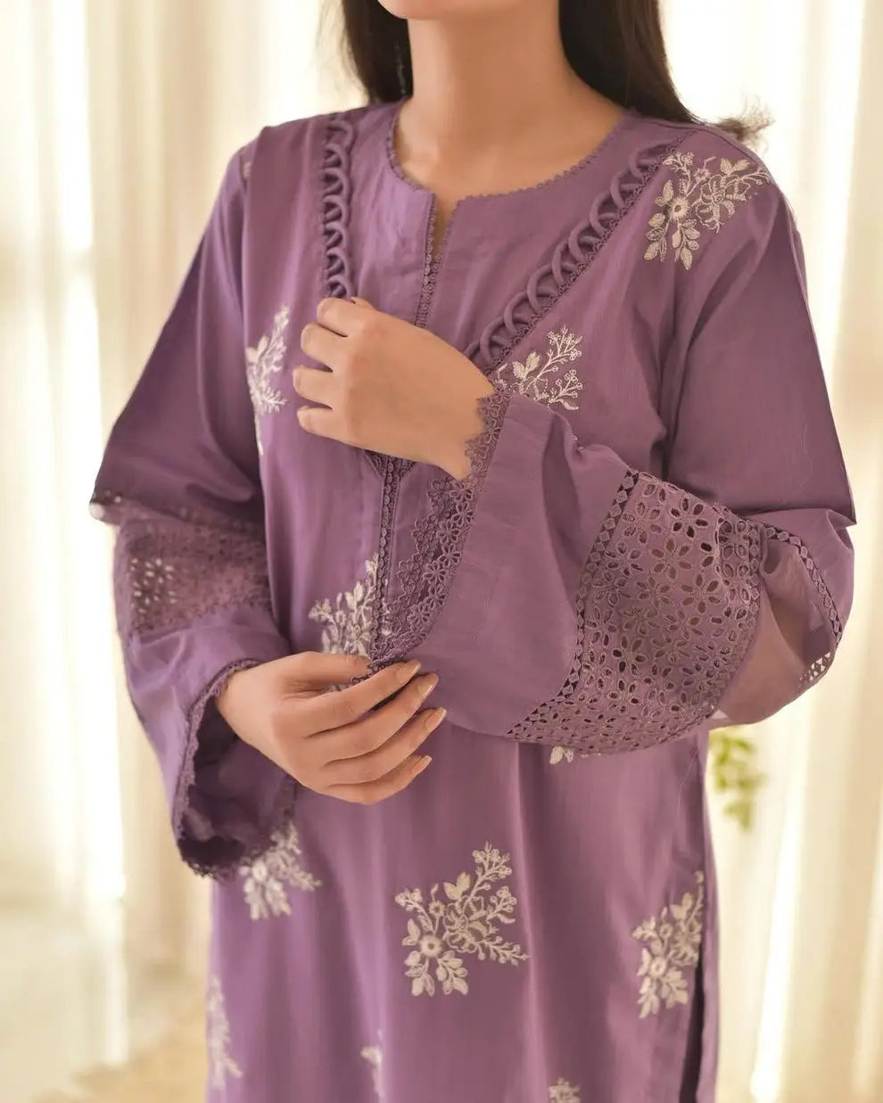 Women's Linen Suit - Lilac, Embroidered, 3 Piece, Stitched