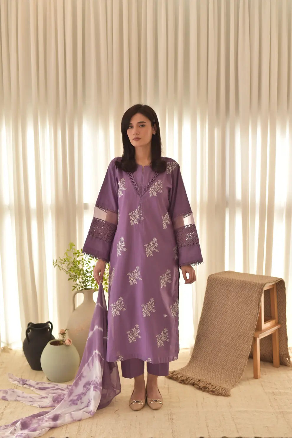 Women's Linen Suit - Lilac, Embroidered, 3 Piece, Stitched