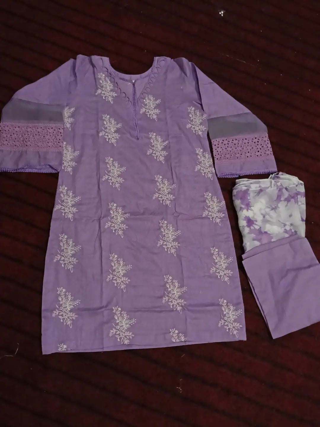 Women's Linen Suit - Lilac, Embroidered, 3 Piece, Stitched