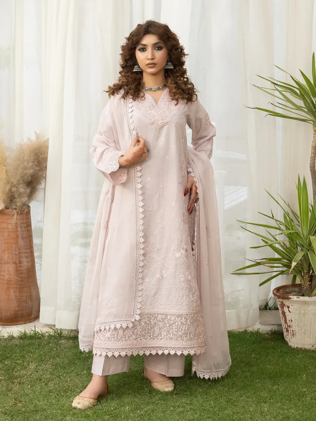 Women's Lawn Suit - Beige, Fully Embroidered, 3 Piece
