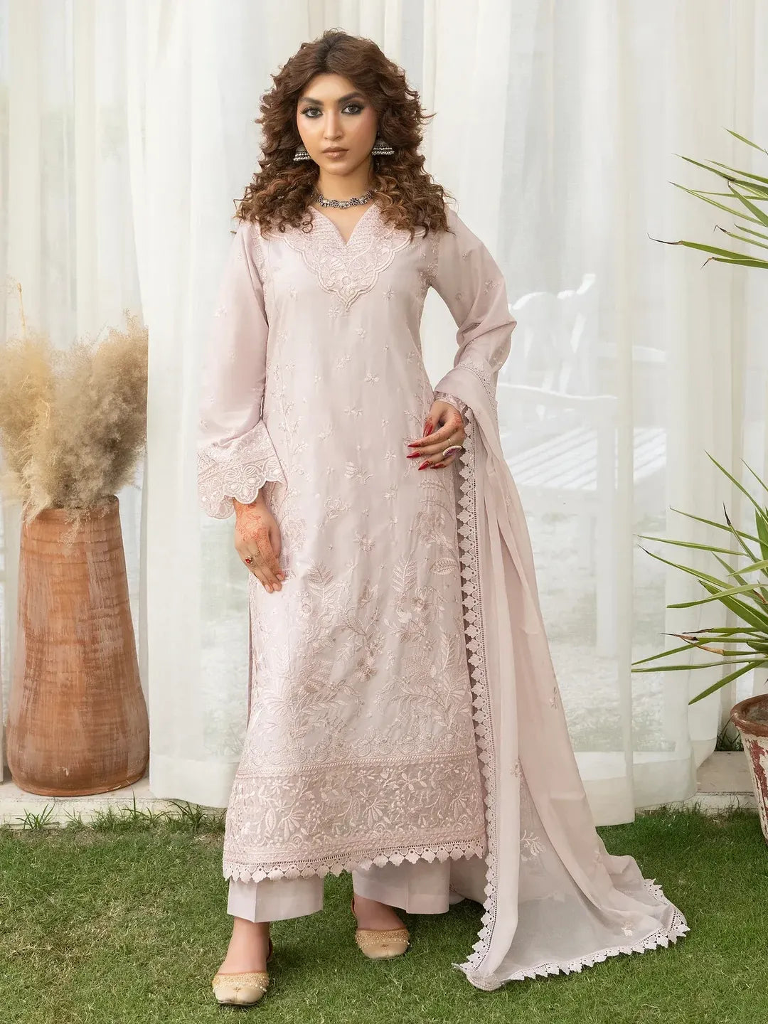 Women's Lawn Suit - Beige, Fully Embroidered, 3 Piece