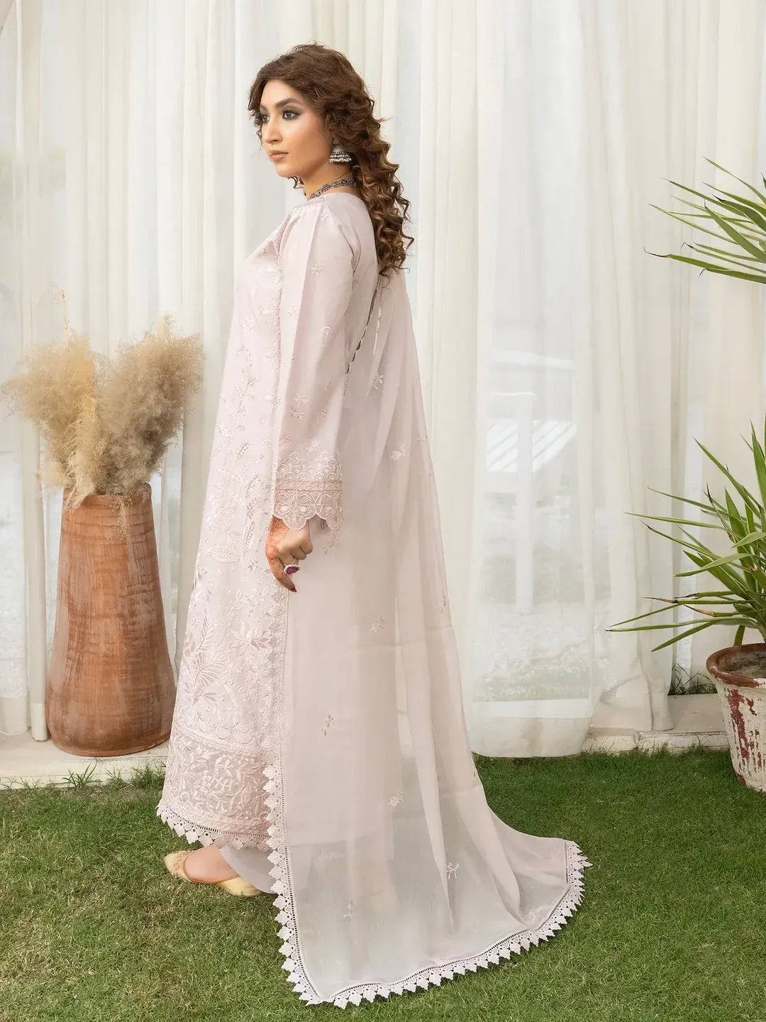 Women's Lawn Suit - Beige, Fully Embroidered, 3 Piece