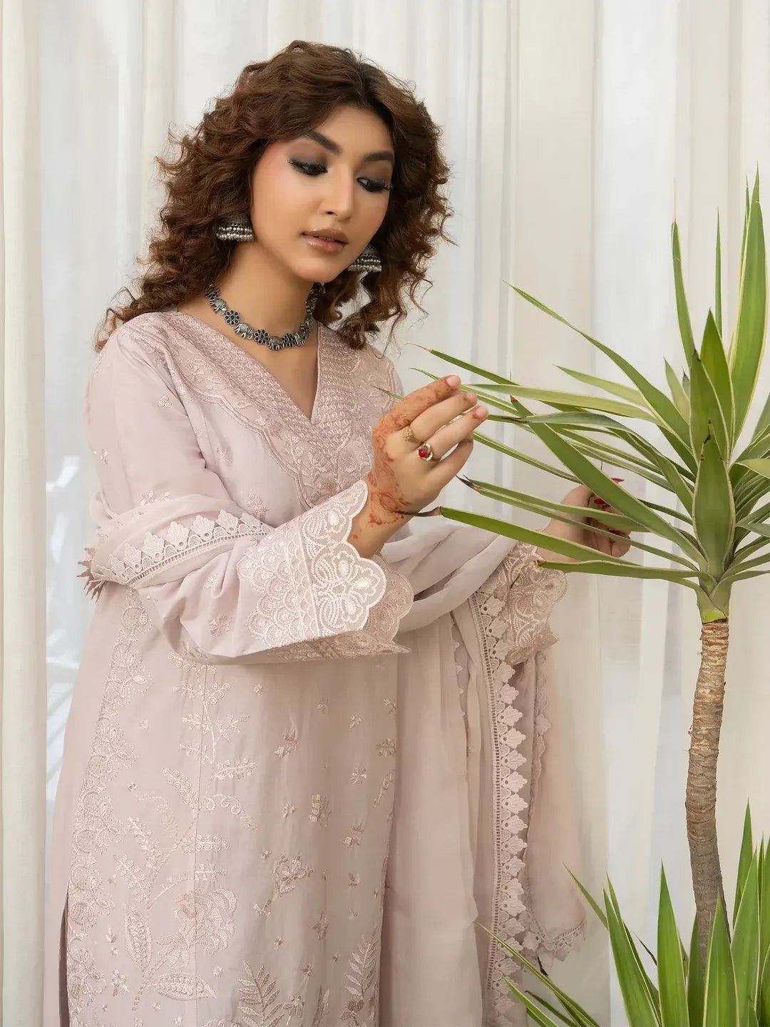 Women's Lawn Suit - Beige, Fully Embroidered, 3 Piece