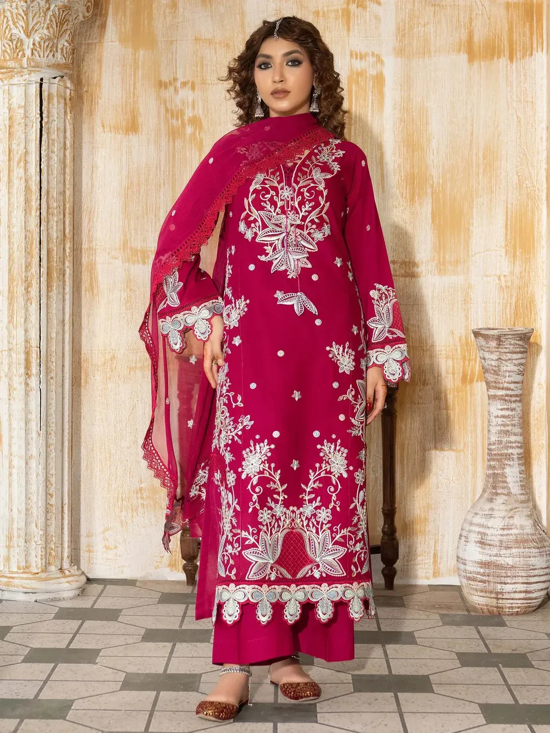 Women's Embroidered Lawn Suit - Hot Pink, 3 Piece, Stitched