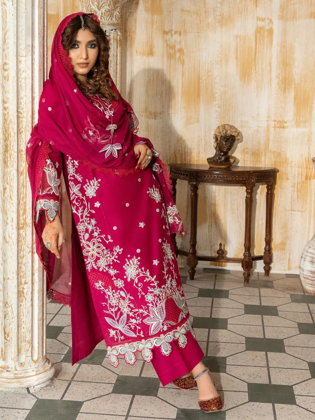 Women's Embroidered Lawn Suit - Hot Pink, 3 Piece, Stitched