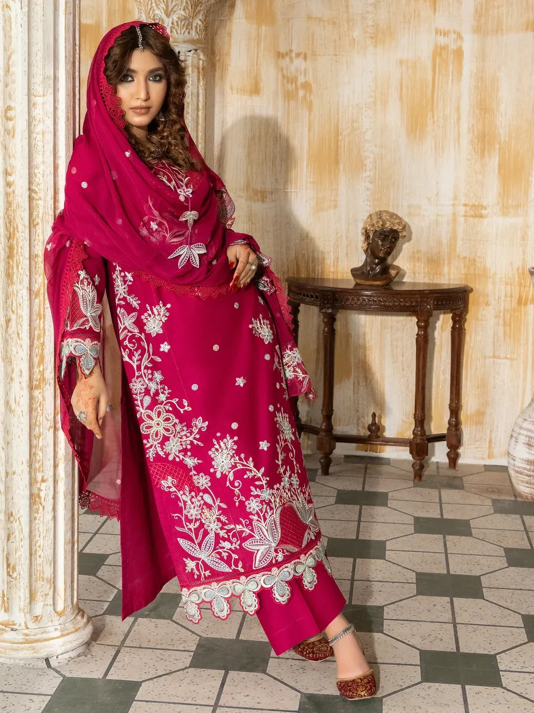 Women's Embroidered Lawn Suit - Hot Pink, 3 Piece, Stitched