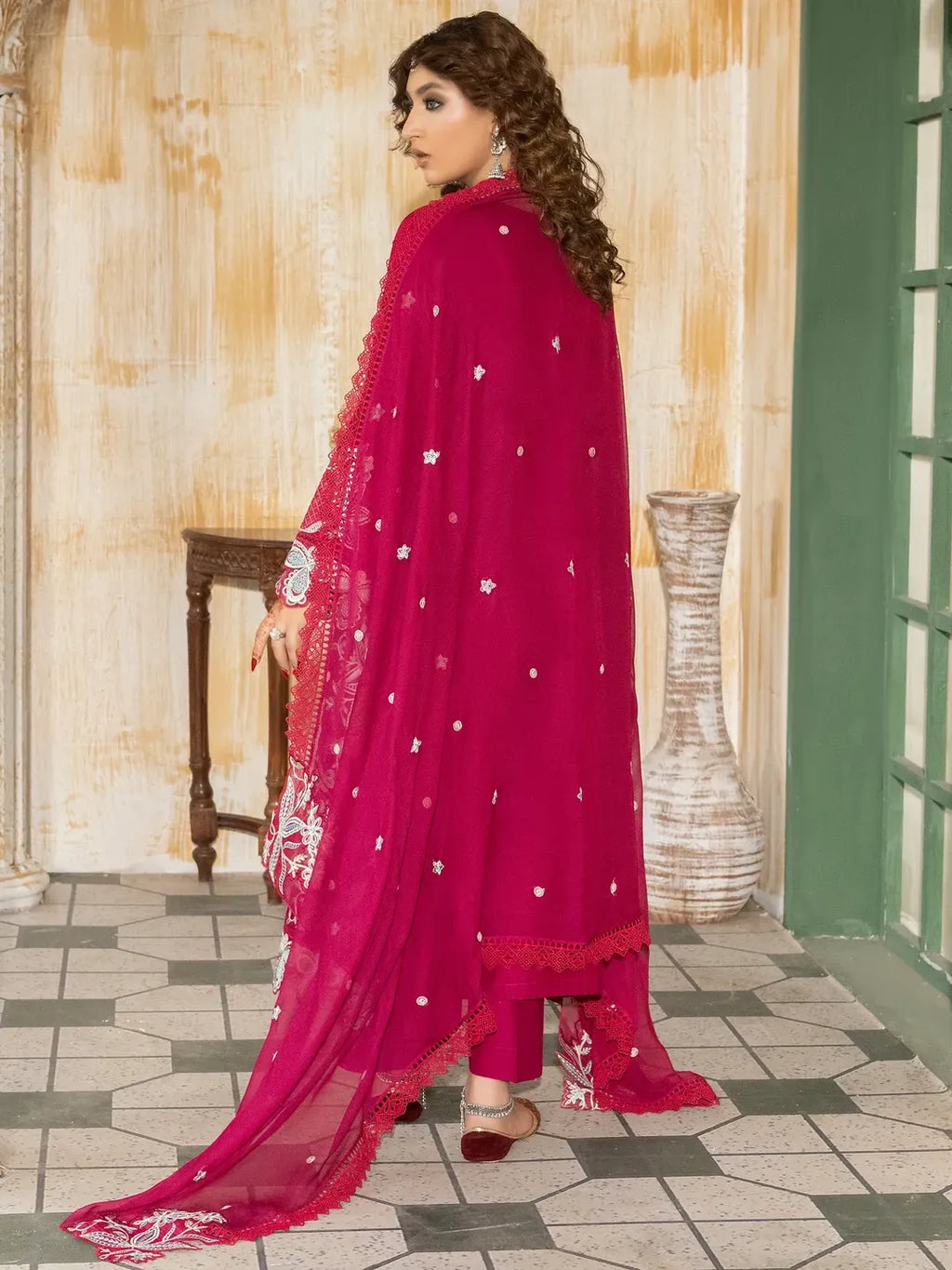 Women's Embroidered Lawn Suit - Hot Pink, 3 Piece, Stitched