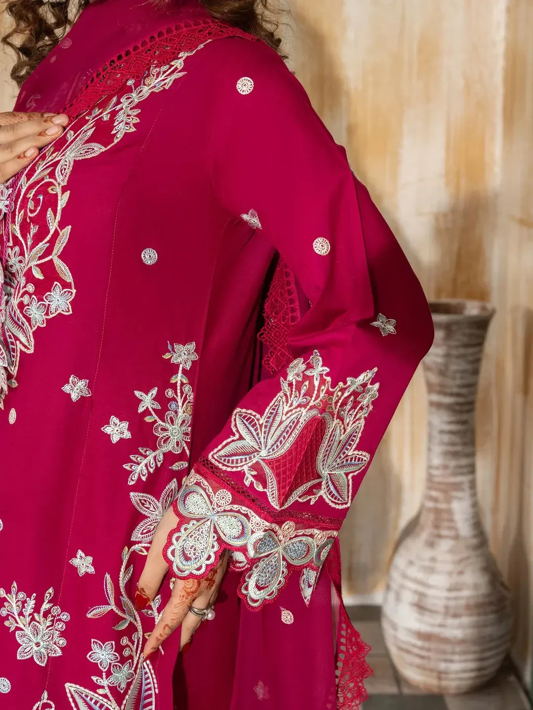 Women's Embroidered Lawn Suit - Hot Pink, 3 Piece, Stitched