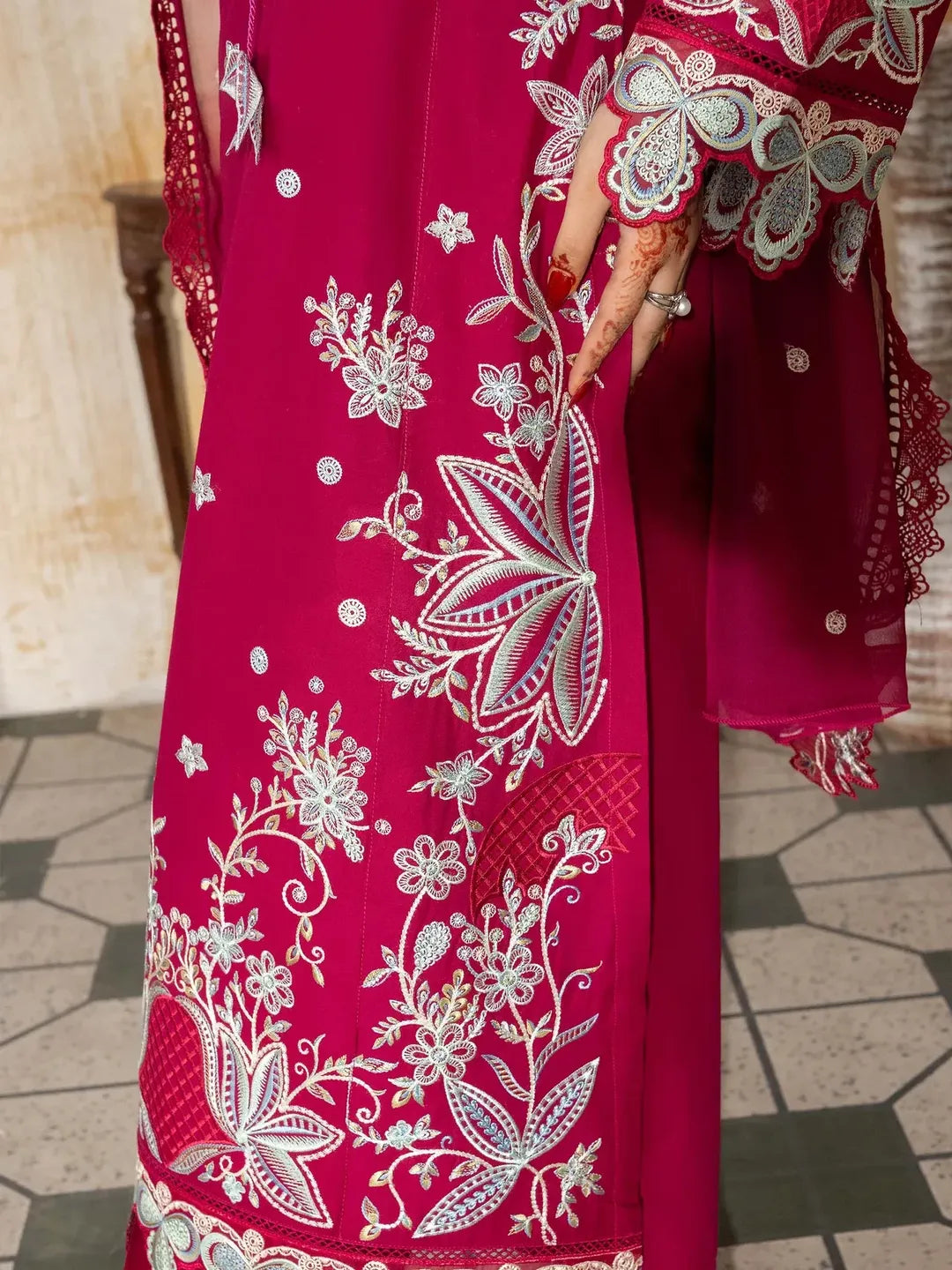 Women's Embroidered Lawn Suit - Hot Pink, 3 Piece, Stitched