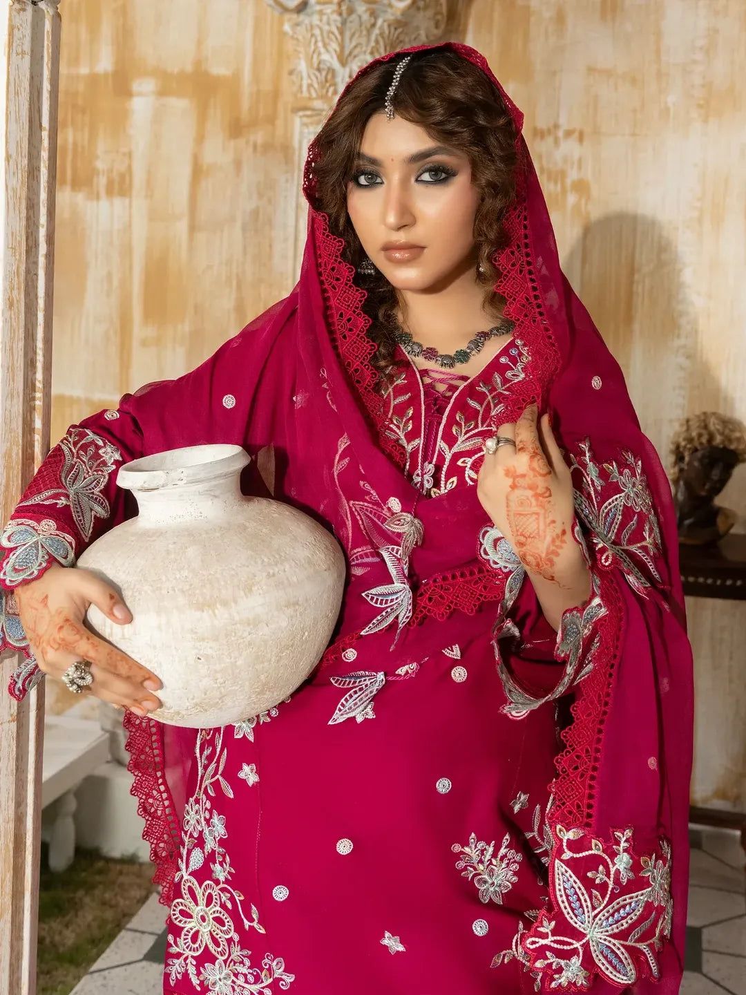Women's Embroidered Lawn Suit - Hot Pink, 3 Piece, Stitched