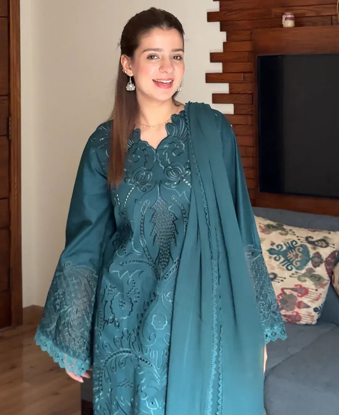 Women's Embroidered Lawn Cotton Suit - Teal Green, Stitched