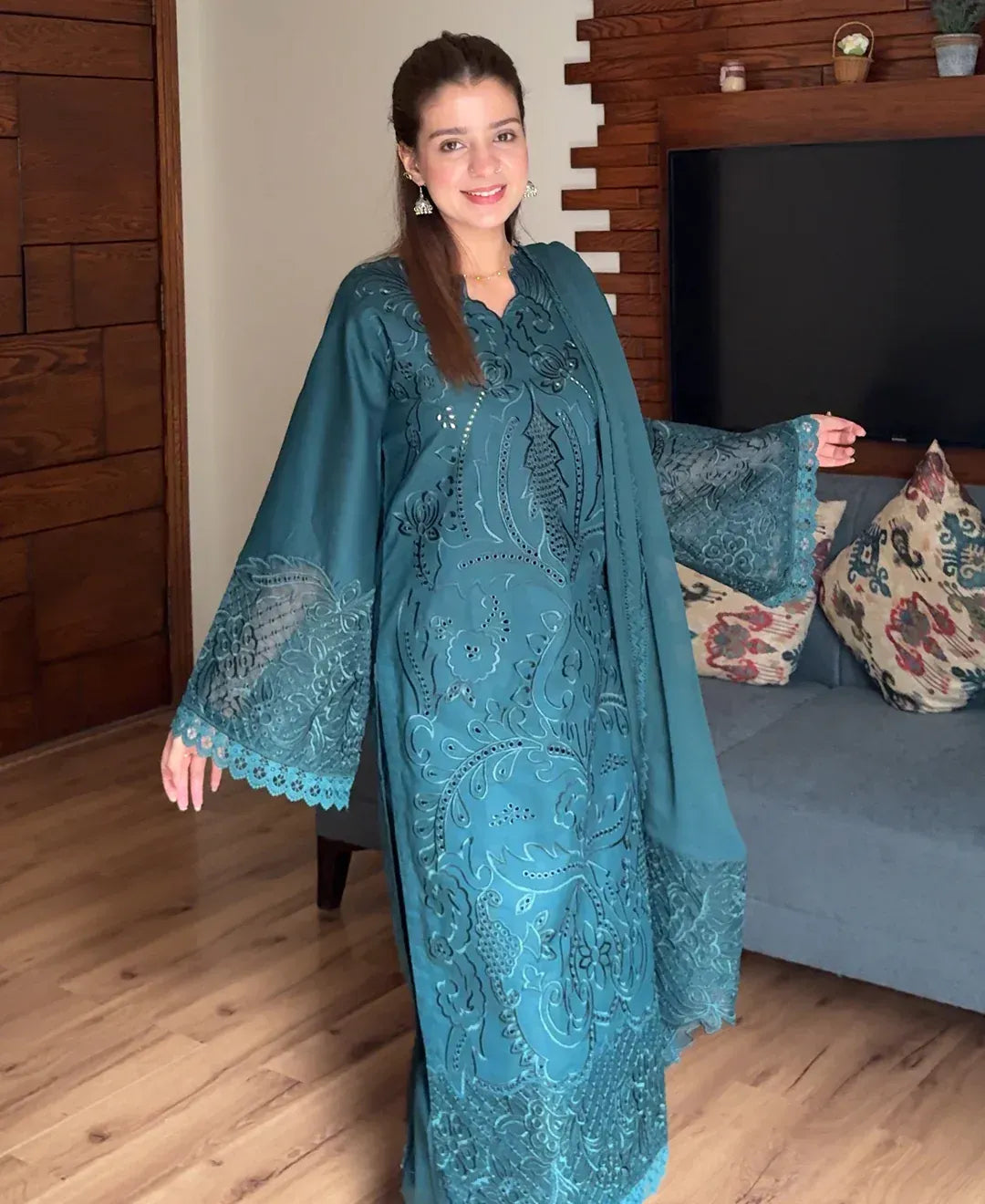 Women's Embroidered Lawn Cotton Suit - Teal Green, Stitched