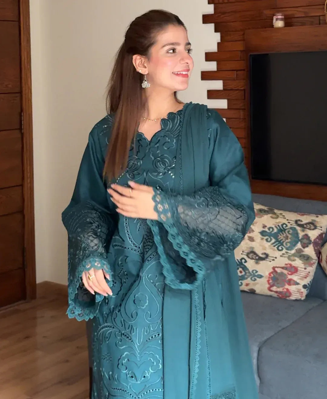 Women's Embroidered Lawn Cotton Suit - Teal Green, Stitched