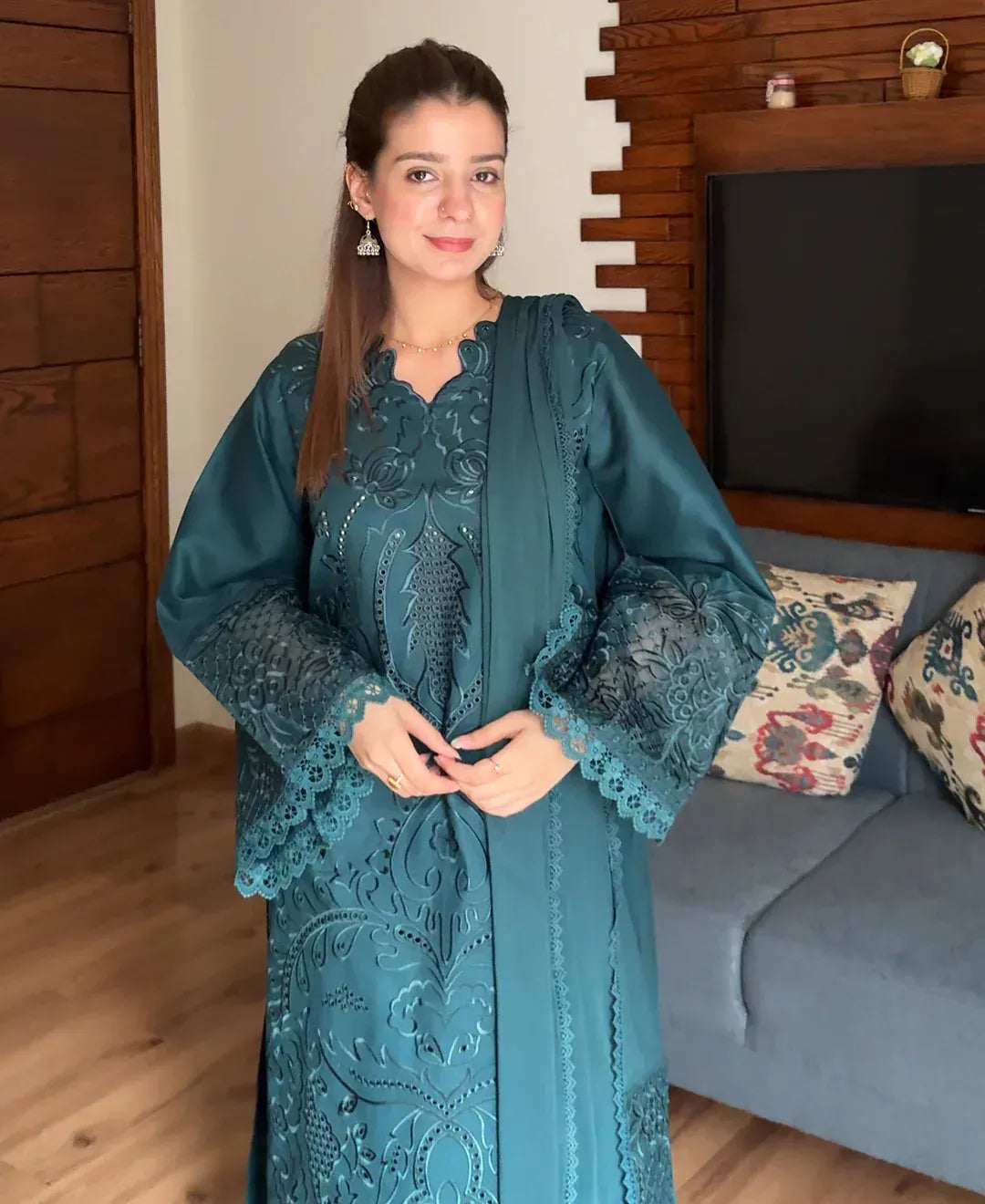 Women's Embroidered Lawn Cotton Suit - Teal Green, Stitched
