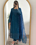 Teal Blue Embroidered Cotton Suit - 3-Piece Stitched