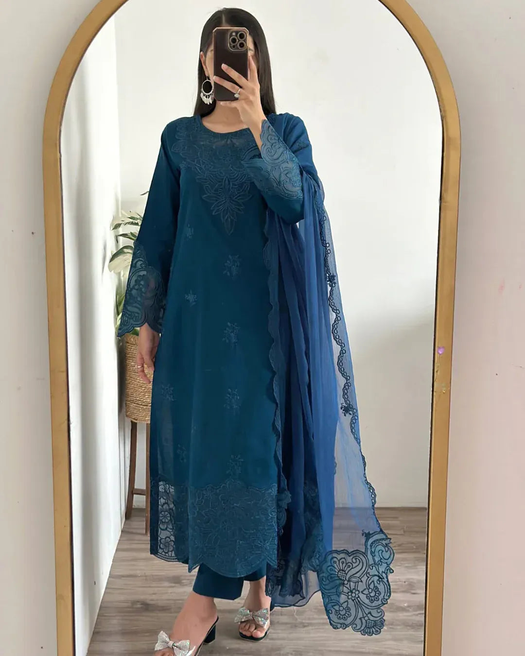 Teal Blue Embroidered Cotton Suit - 3-Piece Stitched