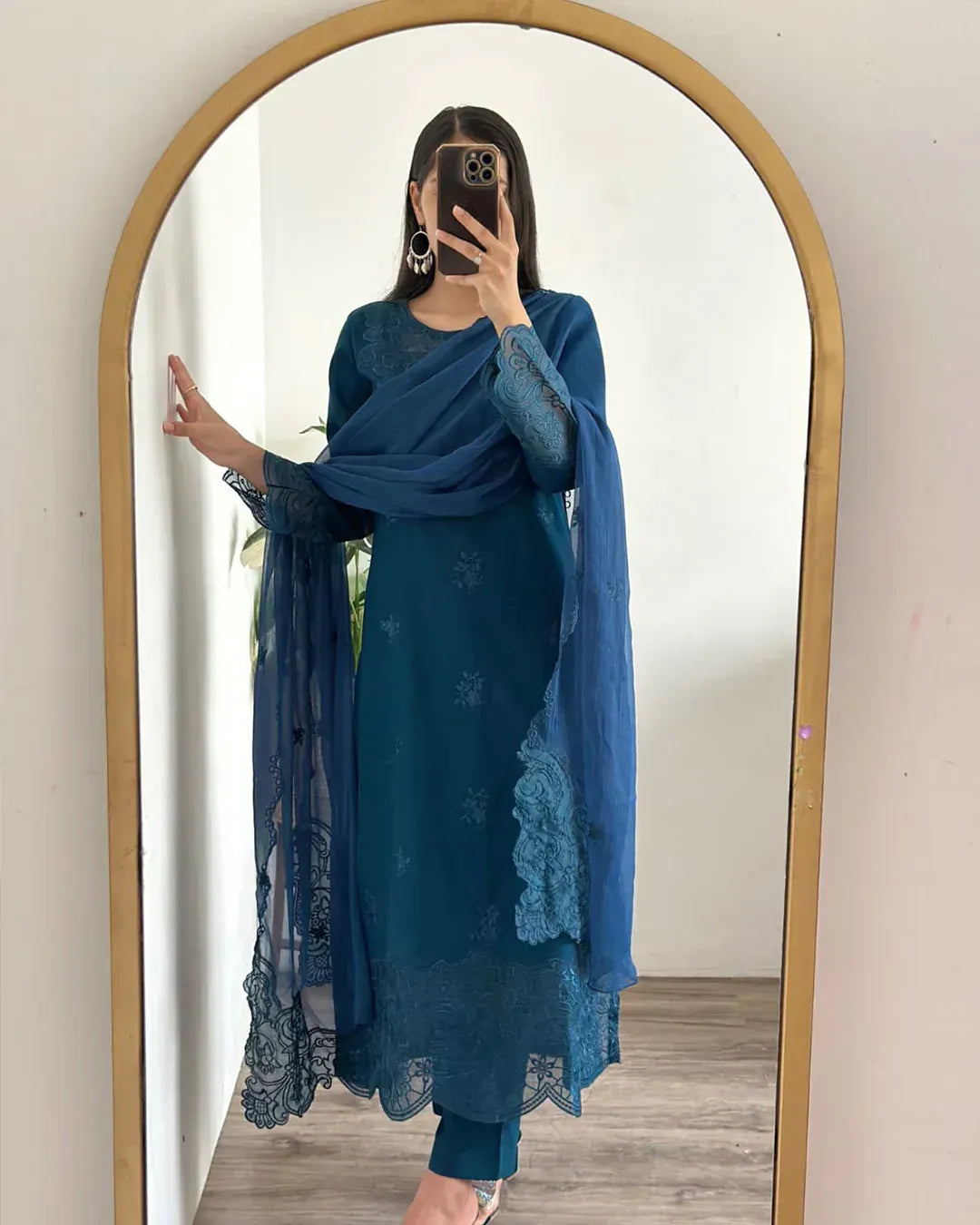 Teal Blue Embroidered Cotton Suit - 3-Piece Stitched - view 3