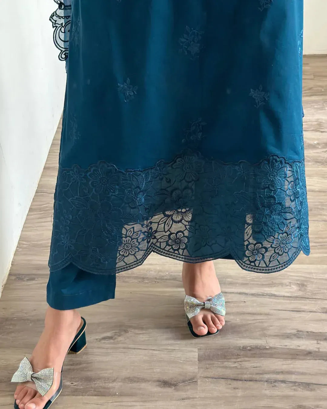 Teal Blue Embroidered Cotton Suit - 3-Piece Stitched - view 4