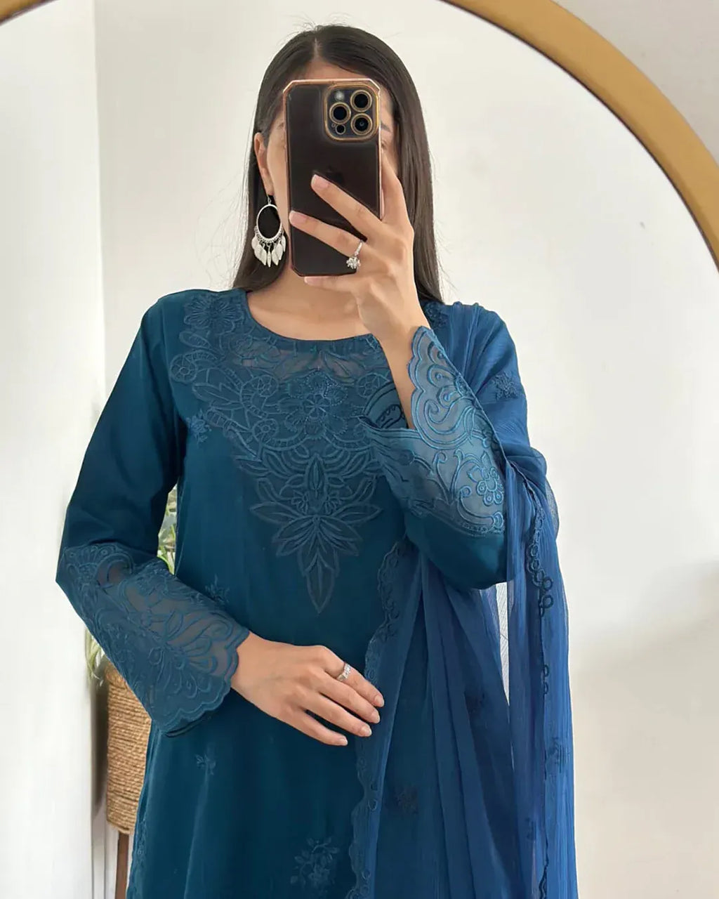 Teal Blue Embroidered Cotton Suit - 3-Piece Stitched - view 5