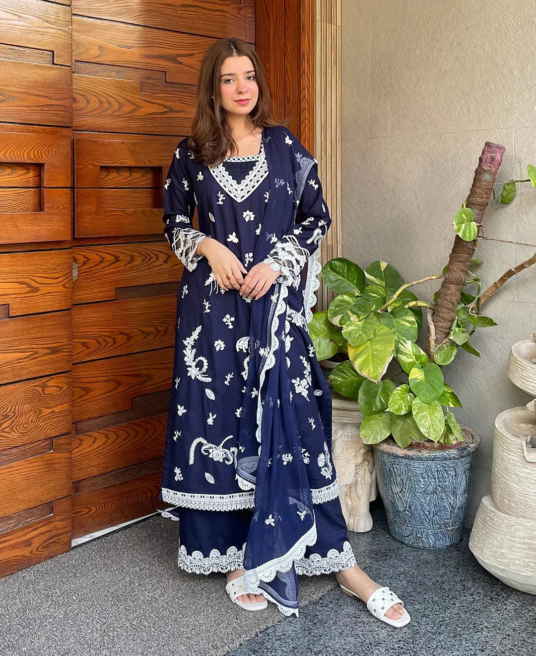 Women's Embroidered Lawn Cotton Suit - Navy Blue, Stitched
