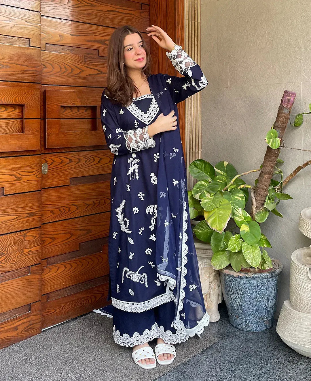 Women's Embroidered Lawn Cotton Suit - Navy Blue, Stitched