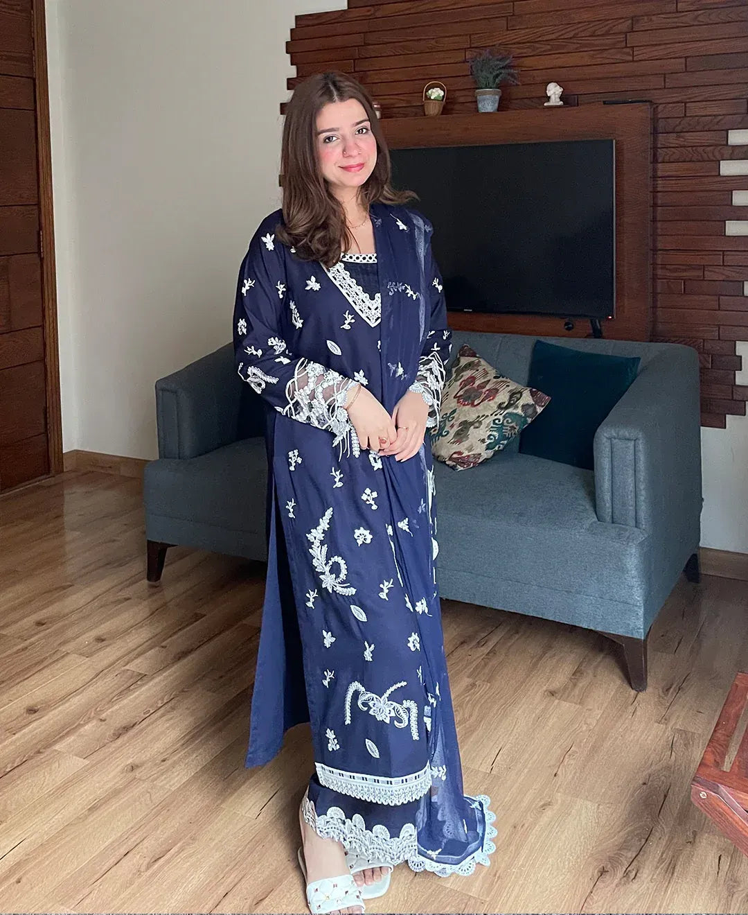 Women's Embroidered Lawn Cotton Suit - Navy Blue, Stitched