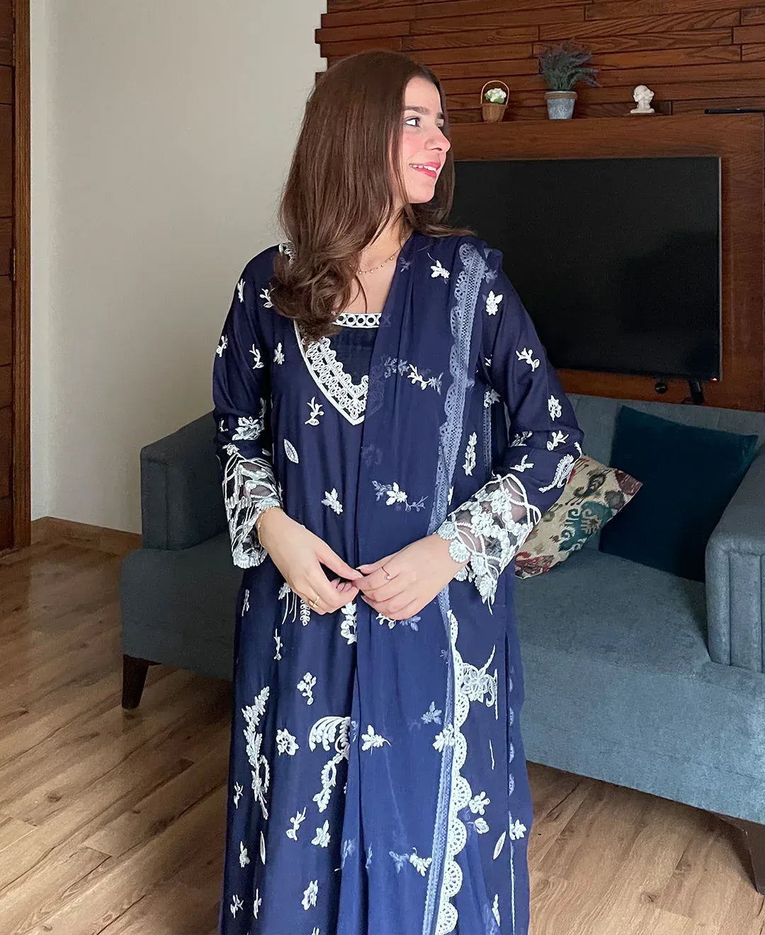 Women's Embroidered Lawn Cotton Suit - Navy Blue, Stitched