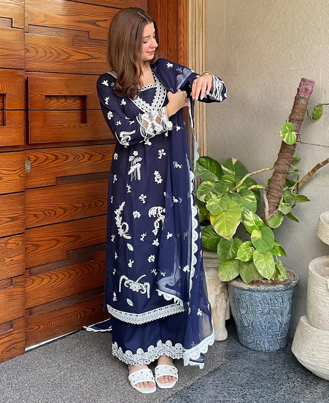 Women's Embroidered Lawn Cotton Suit - Navy Blue, Stitched