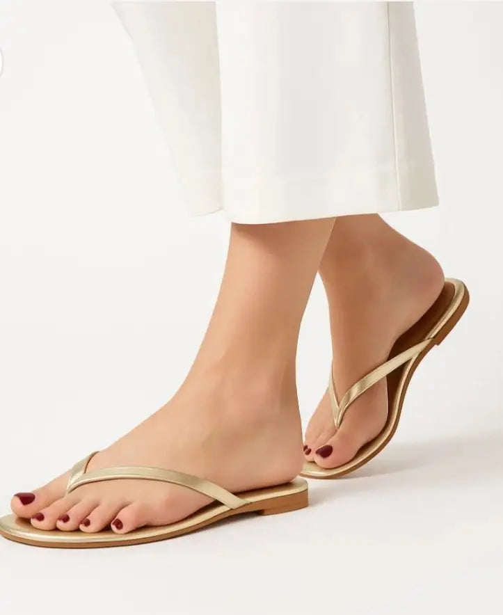 Women's Plain Casual Slippers - Golden Synthetic Leather