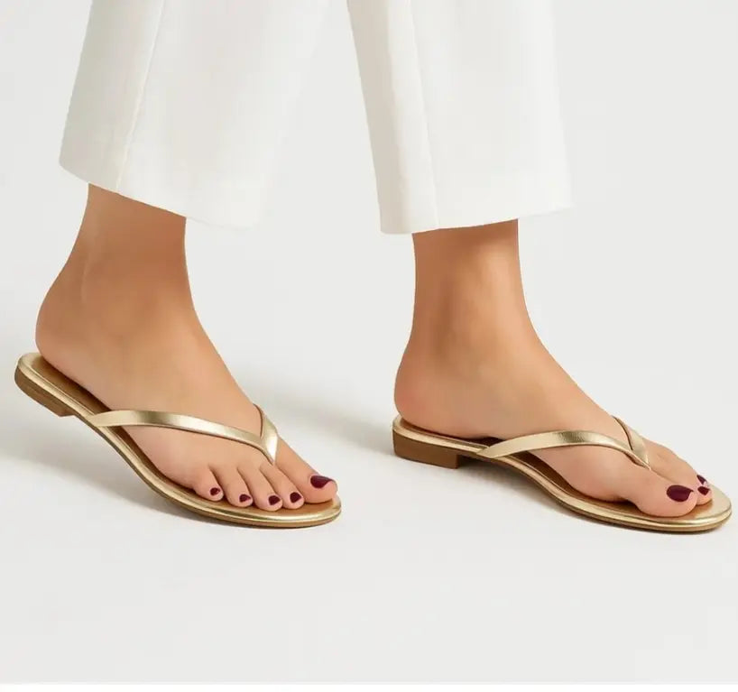 Women's Plain Casual Slippers - Golden Synthetic Leather