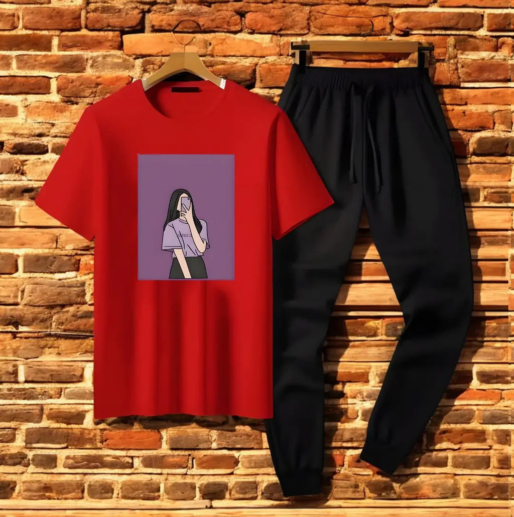 Women's Printed Cotton Tracksuit - Red, 2 Piece Stitched