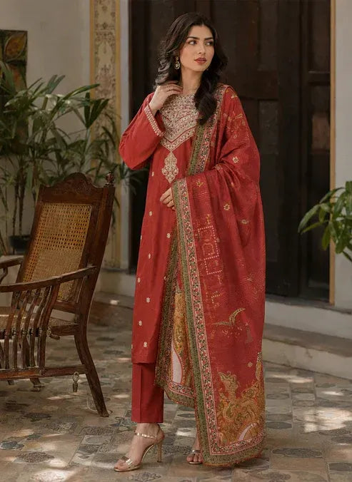 Red Embroidered Lawn Suit - 3-Piece Stitched