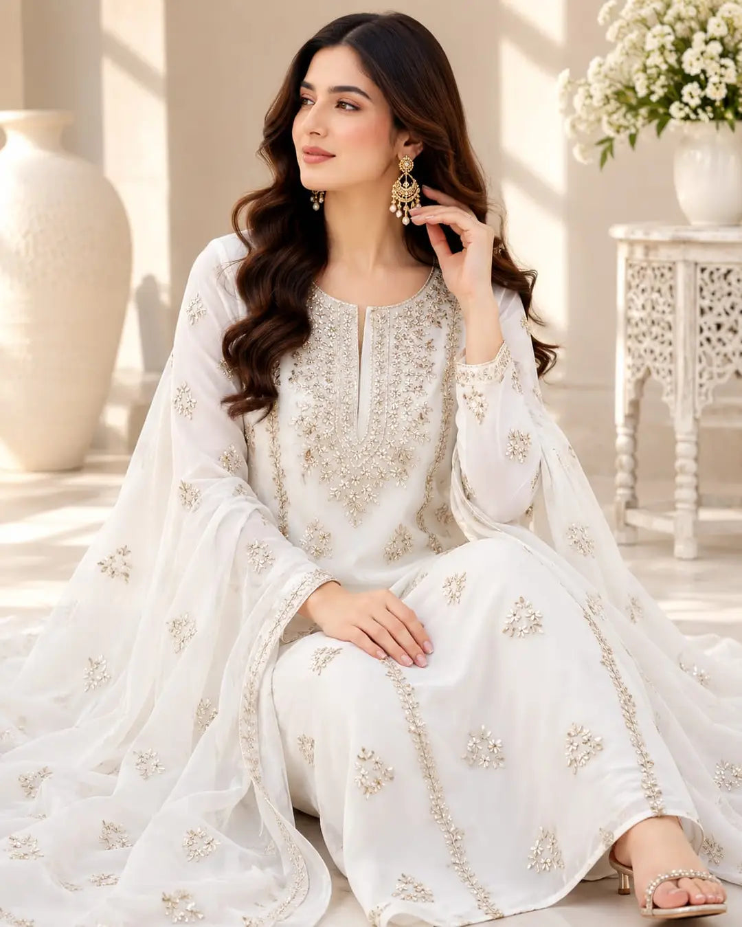 Unstitched Chiffon Gota Suit - White, Shirt and Dupatta