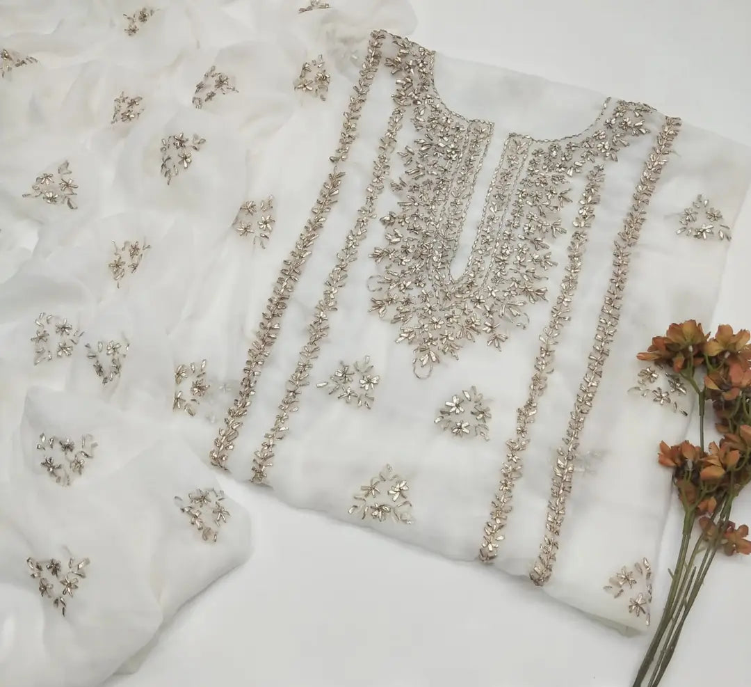 Unstitched Chiffon Gota Suit - White, Shirt and Dupatta