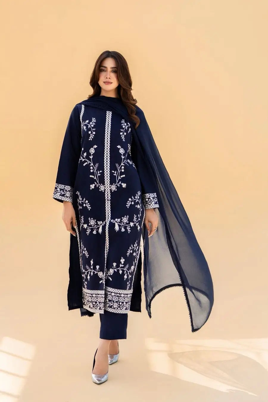 Unstitched Dhanak Suit - Blue, Sequins Embroidered, Design 1